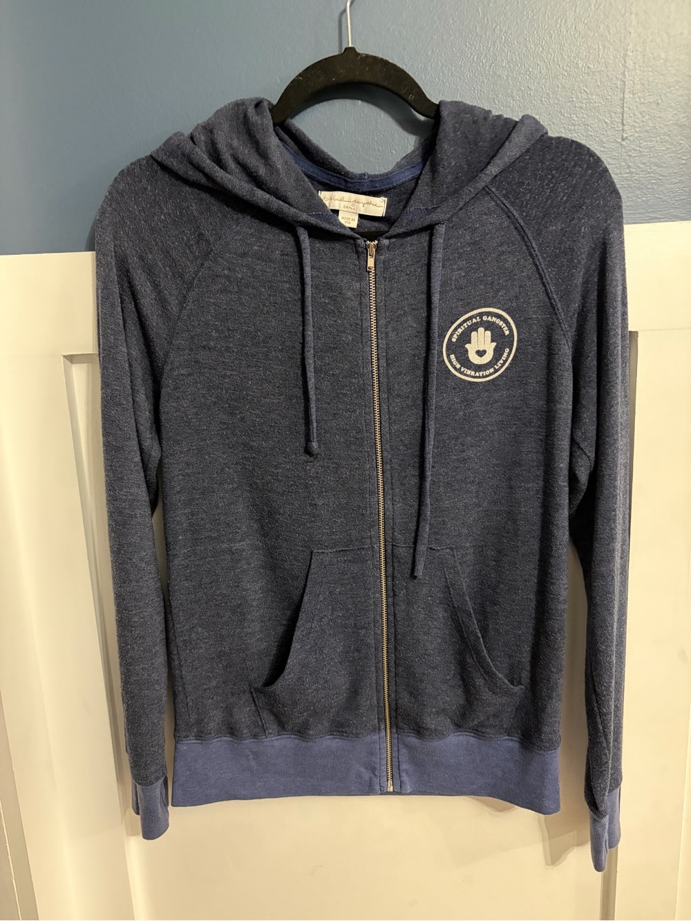Spiritual Gangster Women's Hamsa Raglan Front-Zip Hoodie Heathered Navy Size S